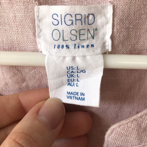 Sigrid Olsen Shirt Womens L 100% Linen Popover Tunic Pink Convertible Roll Tab - Picture 8 of 10